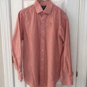 Orange and white check button down.